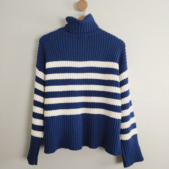 NEW Madewell Blue White Stripe Wide Ribbed Turtleneck Knit Sweater - Picture 12 of 13